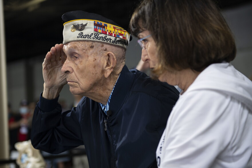 (Dec. 7, 2021) Richard Higgins, a Pearl Harbor survivor, renders a salute during the 80th Anniversary Pearl Harbor Remembrance.