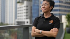 Rappler CEO and Executive Editor Maria Ressa poses at a restaurant in Taguig city, Philippines on Saturday, Oct. 9, 2021. (Aaron Favila/AP)