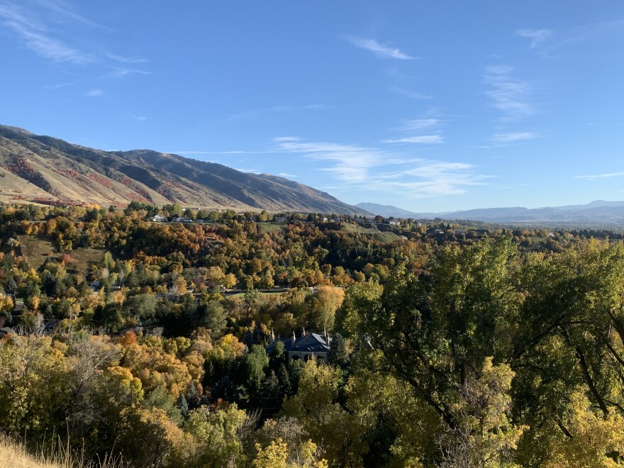 A landscape of Logan, Utah. There are trees and houses in the foreground and a mountain range in the background. 