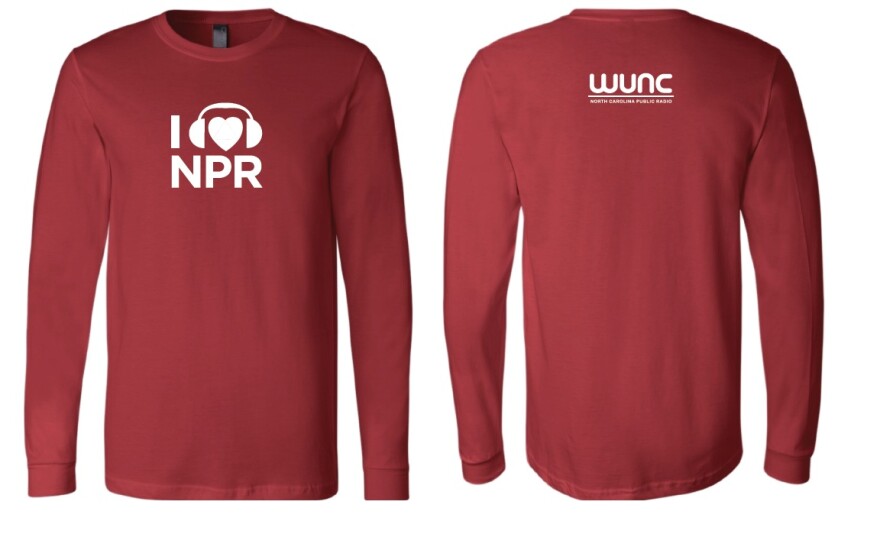 A red long-sleeved shirt featuring I Heart NPR on the front and the WUNC logo on the back