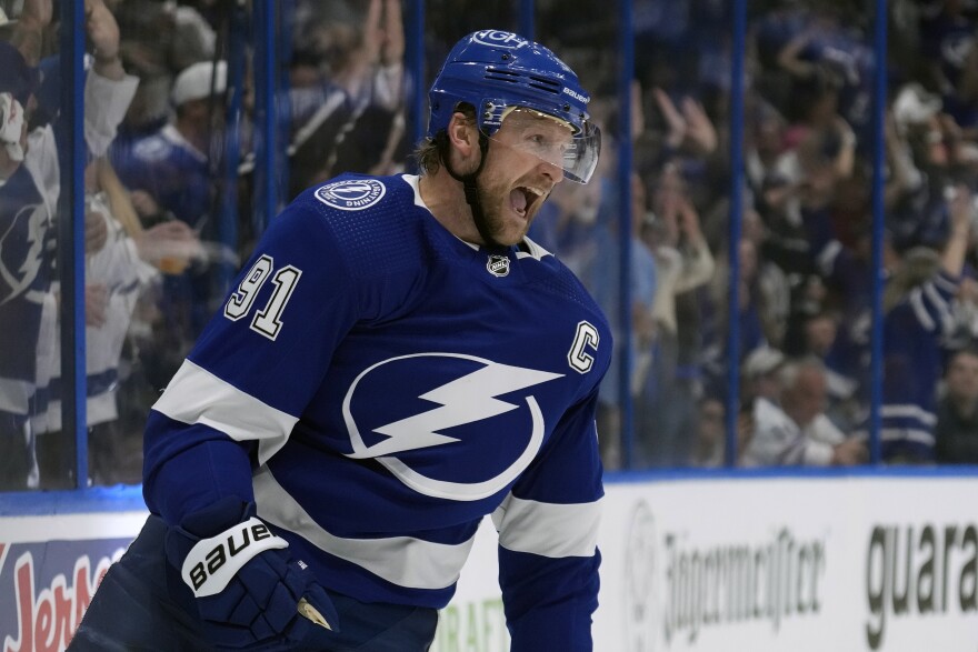 Tampa Bay Lightning center Steven Stamkos (91) celebrates his goal against the Toronto Maple Leafs during the second period in Game 4 of an NHL hockey Stanley Cup first-round playoff series Monday, April 24, 2023, in Tampa, Fla.