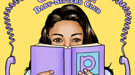 Illustration of a woman holding a book with an annalogue telephone cord haning above her head and the title "Generation: Baby-Sitters Club". 