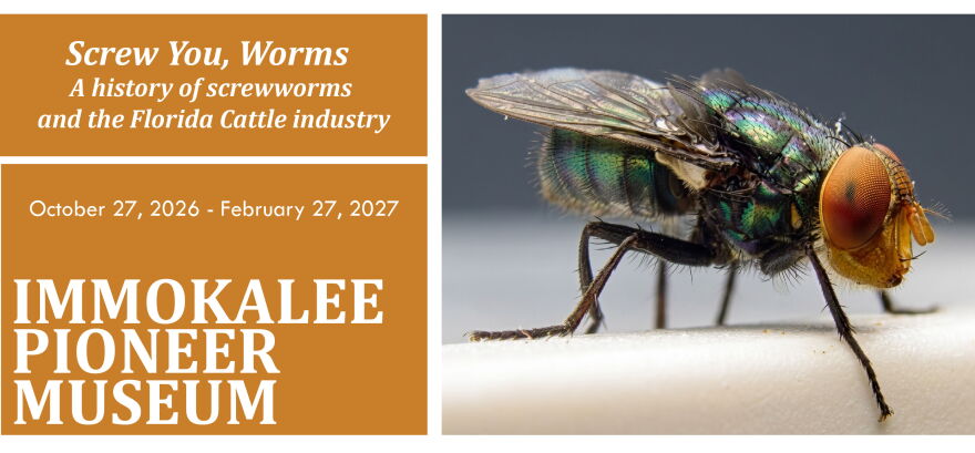 Immokalee Pioneer Museum poster for 'History of Screwworms' exhibition.