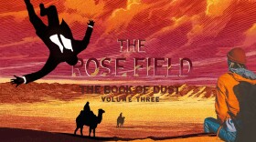 A collage with images of a vibrant desert landscape from the book cover of The Rose Field, a person with a backpack facing into the landscape and a black and white illustration of a man in a suit falling from the TV show Mad Men.