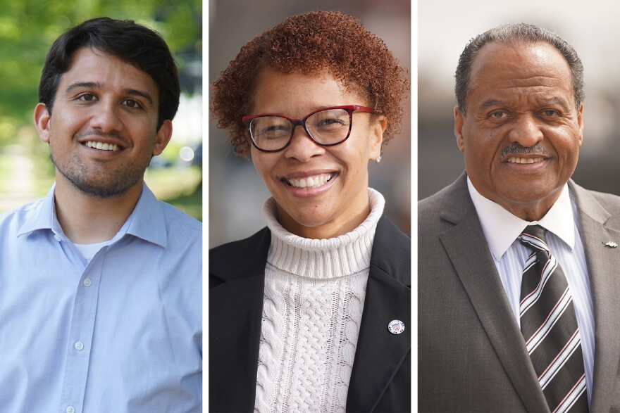 Akron mayoral candidates Shammas Malik, Tara Mosley and Marco Sommerville.