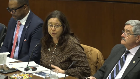 Suffolk School Board Chair Heather Howell speaks about school facility needs during a recent joint meeting with Suffolk City Council. She's seated next to Superintendent John Gordon (left) and Mayor Mike Duman (right).