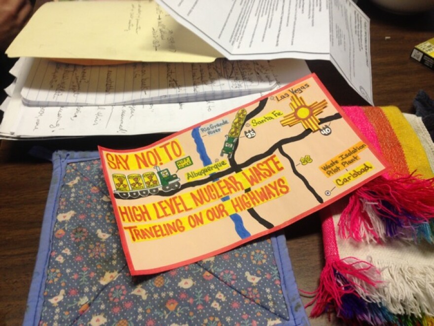 A handmade card shows opposition to nuclear waste traveling along New Mexico highways to the Waste Isolation Pilot Plant in Carlsbad, N.M.