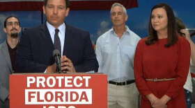Gov. Ron DeSantis and Florida Attorney General Ashley Moody announce lawsuit against Biden administration in Lakeland. (photo via: DeSantis Facebook Live)