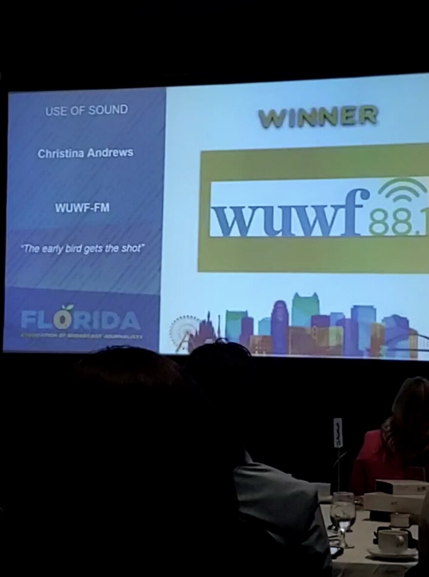 WUWF's Christina Andrews wins top honors in the Use of Sound category at the Florida Association of Broadcast Journalists awards on Saturday, April 11, 2026 at the Rosen Centre Resort in Orlando