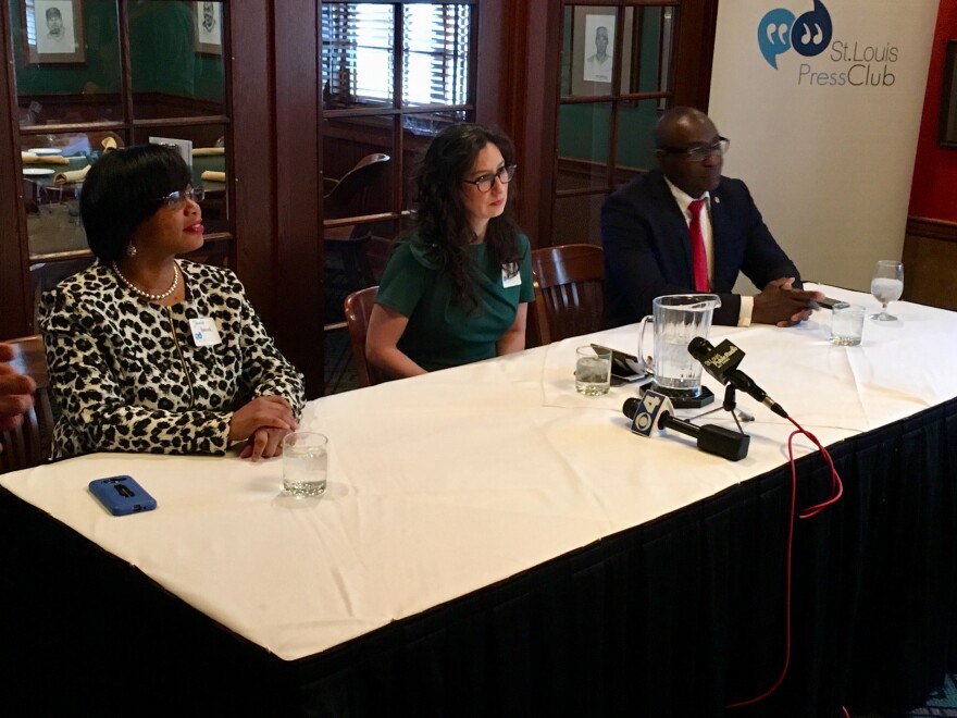 Sen. Jamilah Nasheed, left, Alderwoman Megan Green and St. Louis Board of Aldermen President Lewis Reed take part in a St. Louis Press Club forum on Feb. 22, 2019.