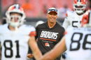 Cleveland Browns head coach Todd Monken watches warmups before a preseason NFL football game against the New England Patriots Thursday, Aug. 27, 2026, in Cleveland.  