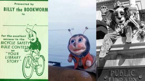 Mascots for Milwaukee Public Library's various Summer Reading Programs include Billy the Bookworm (left & center) and Browser the Library Lion.