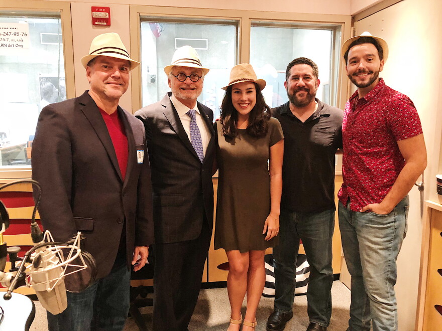 Pianist Antulio Mora, composer Richard Kagan, actress Elaine Flores, host of Sundial Luis Hernandez, and actor Bruno Fria at the WLRN Studios on Oct. 8. (left to right) 