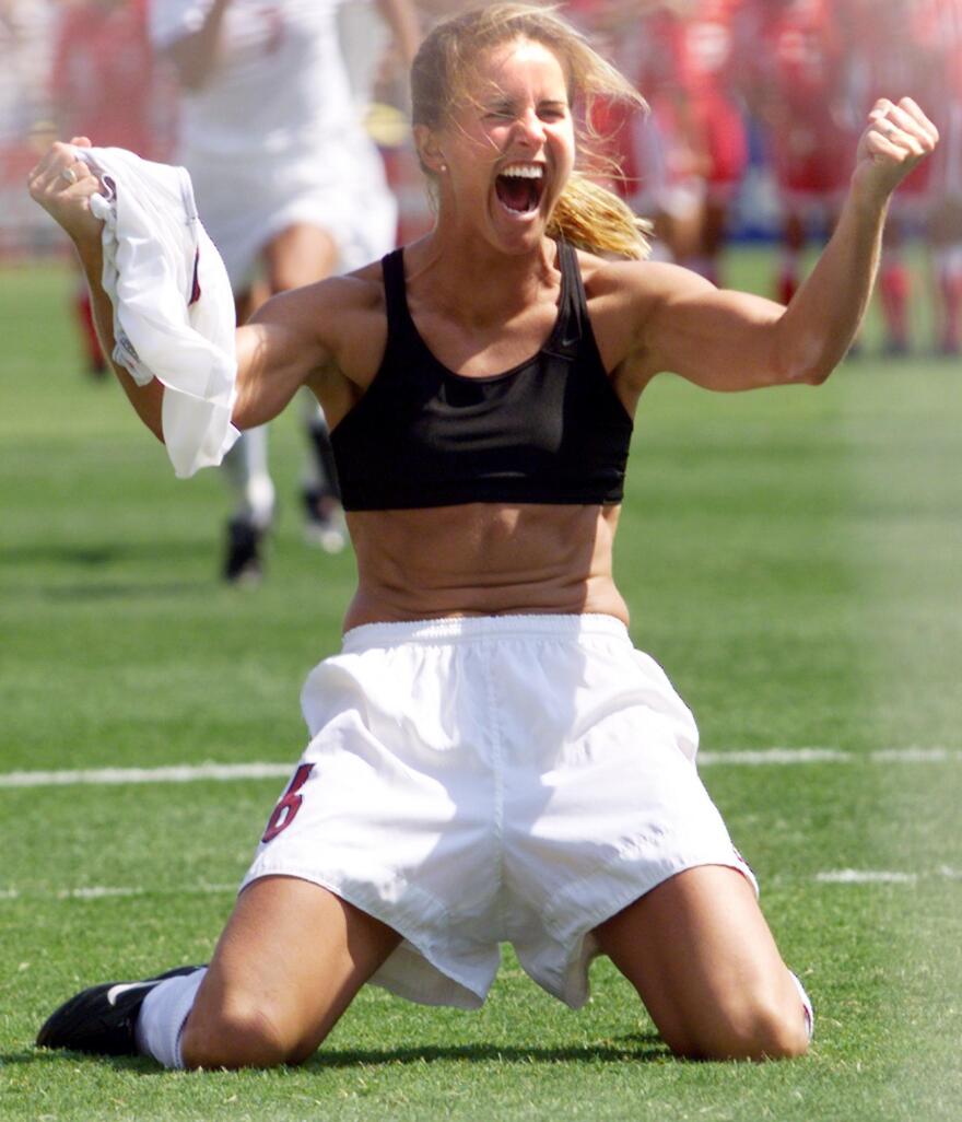 Brandi Chastain celebrates after scoring the winning goal of the 1999 World Cup.