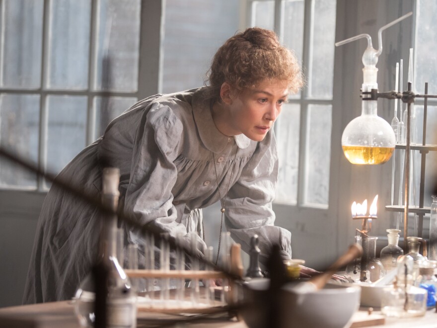 Rosamund Pike plays Marie Curie in the new Amazon Studios biopic Radioactive.