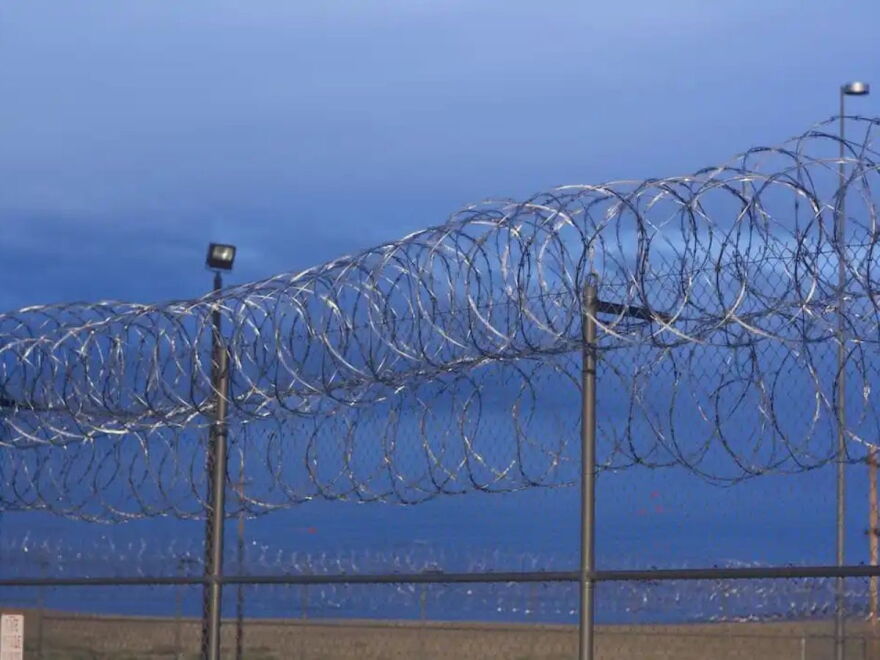 Rows of razorwire top a fence.