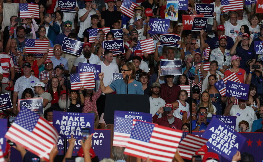 Sen. Darline Graham speaks before President Donald Trump at a rally with thousands of supporters at the Myrtle Beach Convention Center on Aug. 21, 2026.
