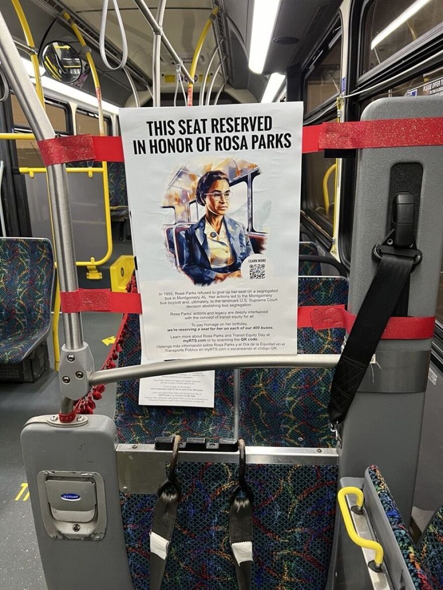 As part of efforts to bring attention to transit equity, RTS has reserved a seat on each of its 400 buses through Sunday, 2/4/24, to honor the civil rights legacy of Rosa Parks.