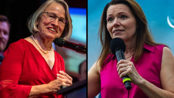 Left, Rep. Mariannette Miller-Meeks speaks at a podium on Election Night 2024. Right, Democratic challenger Christina Bohannan speaks the 'Des Moines Register' Political Soapbox.