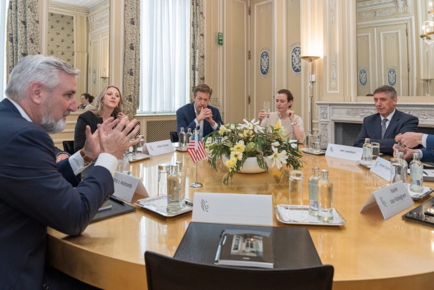 Former Indiana Gov. Eric Holcomb, former IEDC leader David Rosenberg and the Hoosier State’s delegation meet with Flanders Minister-President Jan Jambon on June 4, 2024 in Belgium. The agency’s foundation footed the bill for this and other economic development trips.