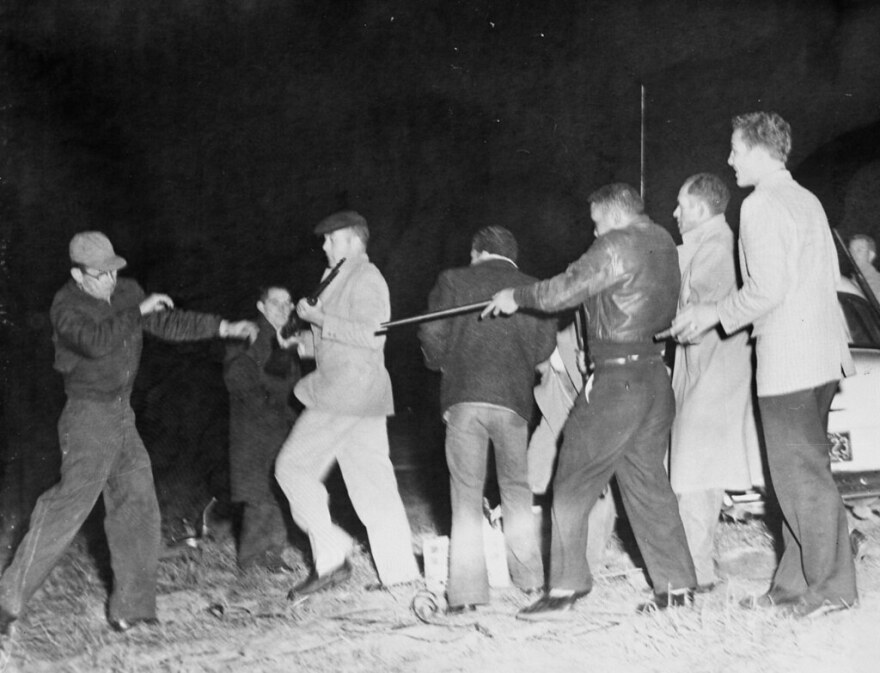 Members of the Lumbee tribe in Robeson County confront white men at a KKK rally in 1958 in an incident that became known as the Battle of Hayes Pond, which resulted in the in the Klan members running away.