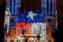 San Antonio, United States: January 21, 2017: San Fernando Cathedral with Texas Flag Lights