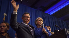 FILE - Then-New Mexico Governor-elect Michelle Lujan-Grisham delivers her acceptance speech alongside her fiancé Manny Cordova in Albuquerque, New Mexico, on Nov. 6, 2018. New Mexico Gov. Michelle Lujan Grisham is getting married, and Vice President Kamala Harris has been picked to officiate. Lujan Grisham, who is running for reelection, will be tying the knot with her fiancé Manny Cordova on May 21, 2022, in Washington. (AP Photo/Juan Labreche, File)