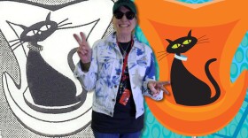 Joni-O in front of her old and new show posters.