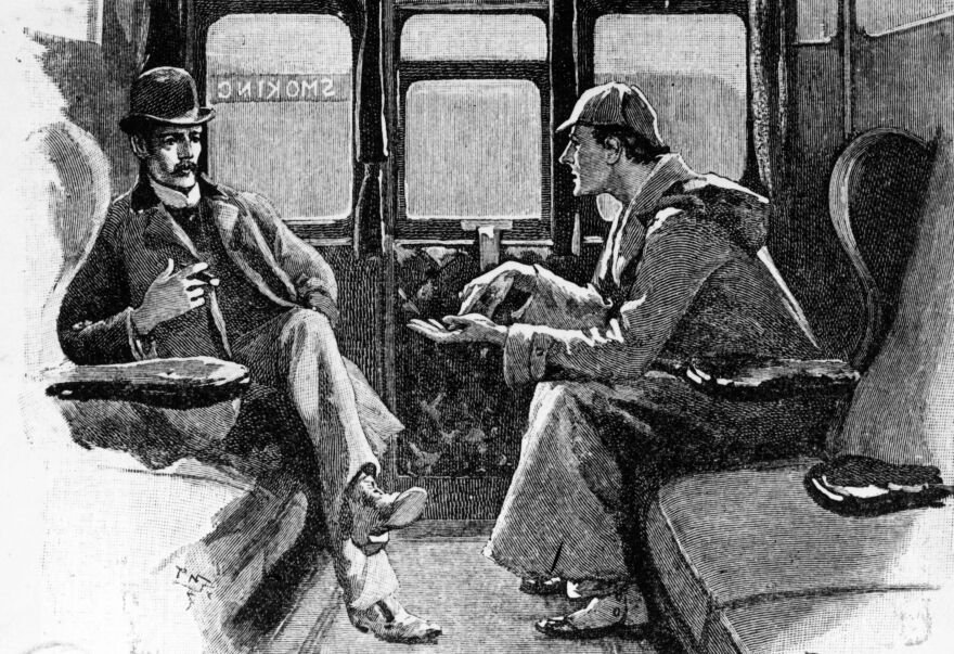 Detective Sherlock Holmes and Dr. John Watson travel by train in original artwork from <em>Strand</em> magazine. A federal judge in Chicago recently ruled that the characters in Arthur Conan Doyle's stories — excluding any elements introduced in the last 10 stories released in the U.S. after 1922 — now reside in the public domain.
