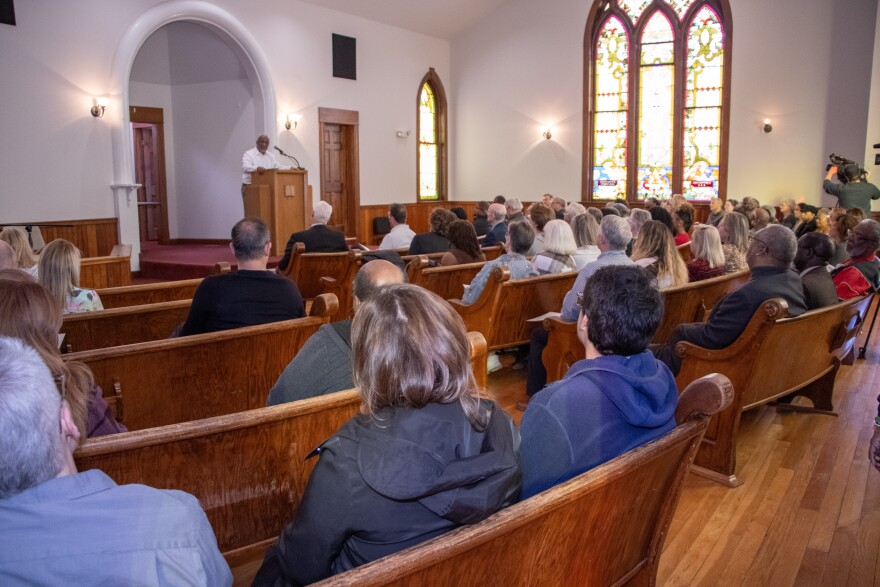 A crowd fills the sanctuary at Washington Avenue Baptist Church in Springfield, Mo. before the unveiling of a new marker on campus on February 24, 2025.