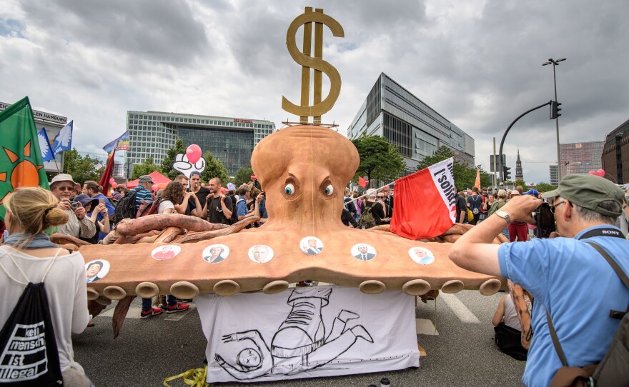 Demonstrators gather to march against the G-20 Summit in Hamburg on July 8, 2017.
