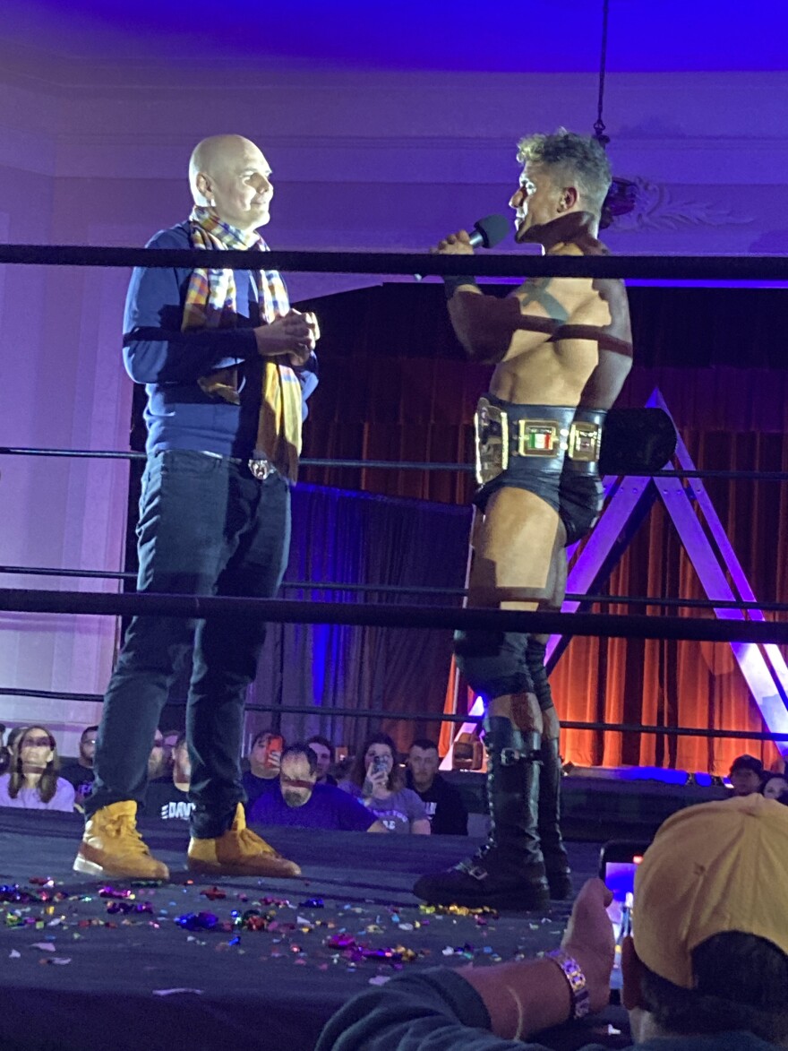 : EC3, right, gets personal with National Wrestling Alliance owner and Smashing Pumpkins frontman Billy Corgan at an Oct. 7, 2023 Exodus Pro Wrestling event.
