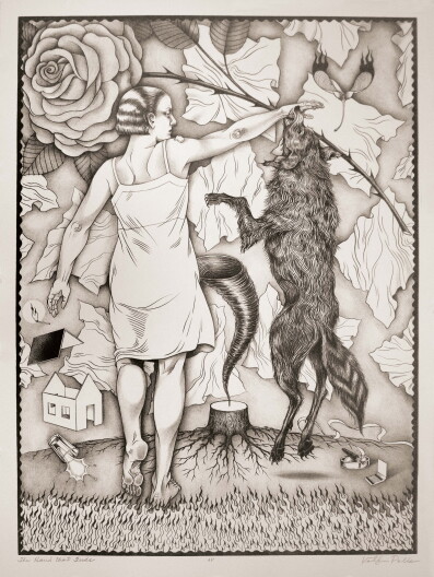 The Hand That Feeds, Stone and Plate Lithograph by Kathryn Polk.