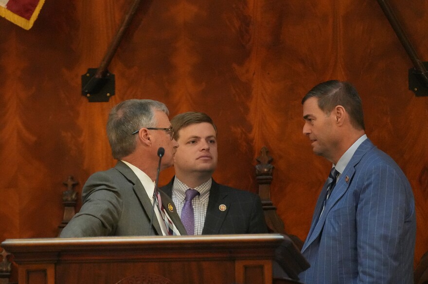House Majority Leader Davey Hiott, R-Pickens; Asst. House Majority Leader Brandon Newton, R-Lancaster; and House Speaker Murrell Smith, R-Sumter, in the House chamber at the South Carolina Statehouse on March 25, 2026.