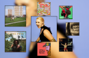 Artwork for three albums and five singles displayed in black square frames of varying sizes. The largest is in the middle and features a blonde person yelling with their mouth open, the blue background is also used for the background of the full image. There are two frames that are the next biggest, one has a horse standing in front of a high rise apartment building and the other has a man sitting in a field of marijuana smoking a pipe. The five smallest squares have: a swirling dragon painting, two faces back to back with colors rising from them, a close up of a mouth with a gril that says "peyote," a boxer leaning against the ropes, and a bearded man in a cowboy hat.