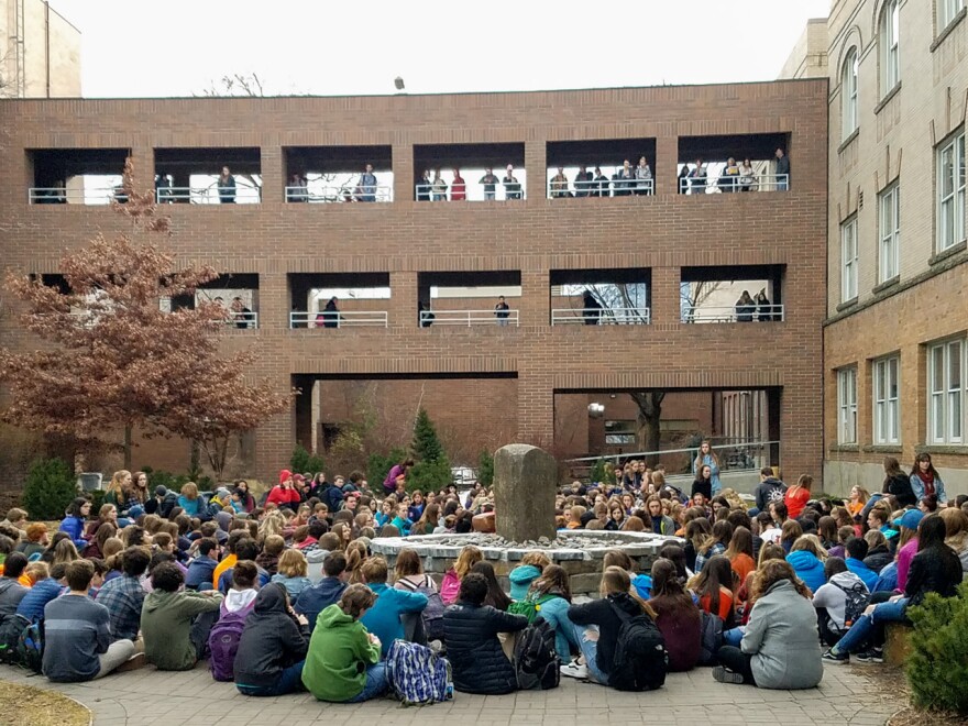 Hellgate High students in Missoula sit in silence for 17 minutes during the national school walkout  over gun violence, March 14, 2018.