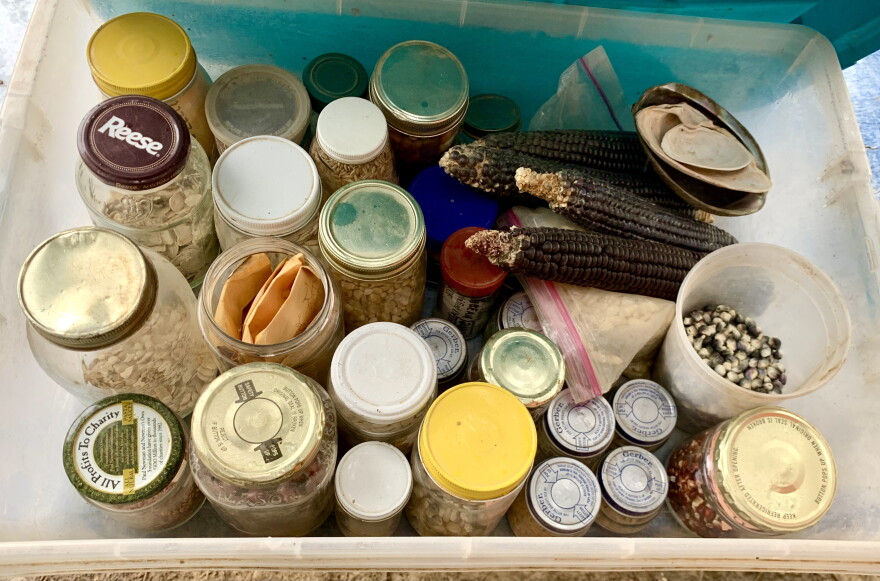 Graham Biyáál’s jars of corn kernels, watermelon seeds, oats, and sugar cane seeds were given to him by elders and community members.  

