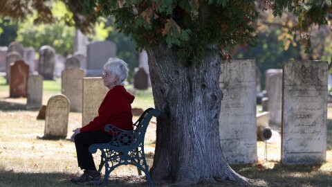 Jane Hopkins sits on a bench in Lakeview Cemetery in Williamson, one of the cemeteries featured in her book, "Buried Rochester New York Area: 200 Years of Cemetery History."