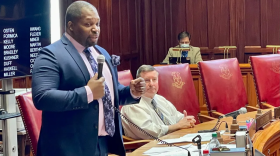 Sen. Gary Winfield, D-New Haven, outlining the captive audience bill. At right, Sen. John Kissel, R-Enfield.