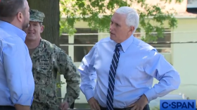 A screenshot of a C-SPAN video in which Vice President Mike Pence delivers PPE to a Virginia nursing home.