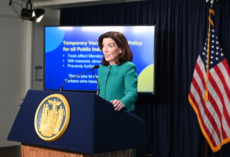  Gov. Kathy Hochul holds a COVID-19 update in New York City on Tuesday, Dec. 14, 2021.