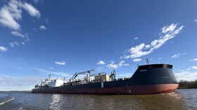 A fuel barge is seen near the Crowley dock on the Kuskokwim River at Bethel on June 2, 2026.
