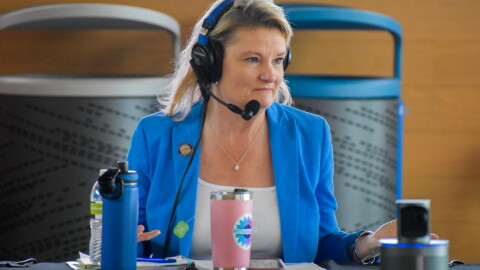 Kansas Governor candidate Cindy Holscher (D) speaks during a debate on KCUR's Up To Date on June 11, 2026.