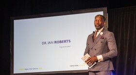 Superintendent of Des Moines Public Schools Ian Roberts speaks at the State of the School event in February 2025.