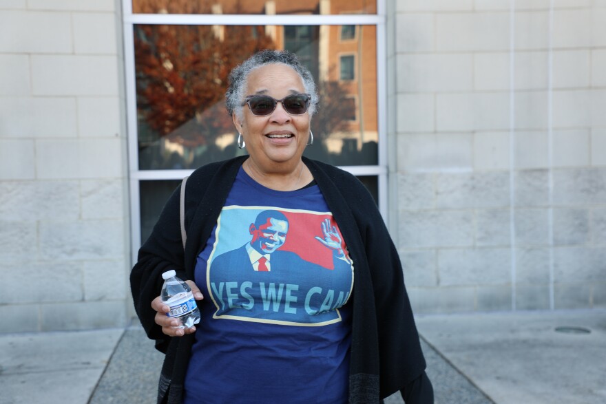 Sherrie Parker waits outside Chartway Arena Nov. 1, wearing a t-shirt featuring President Barack Obama.