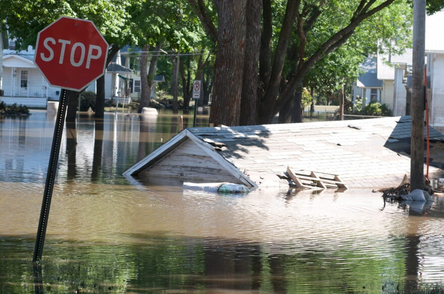 A garage that floated down a street is still submerged in floodwater June 16, 2008 in Cedar Rapids, Iowa. Officials hope the lessons learned in 2008 will help prevent excess damage during the flood currently hitting Cedar Rapids. (David Greedy/Getty Images)