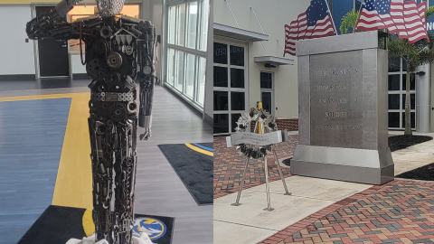 Two photos: On the left, a welded metal statue of a saluting solider, on the right, a welded wreath commemorating veterans