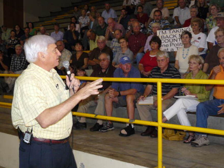 U.S. Congressman F. Allen Boyd Jr. speaking to a crowd about national health care reforms during a town hall meeting in Perry, Florida on August 17, 2009