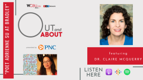 The image features a photo of Bradley University’s Dr. Claire McQuerry and poet Adrienne Su. The image also features the quote of “Poet Adrienne Su at Bradley” as well as icons for PNC Bank and various podcast platforms. 