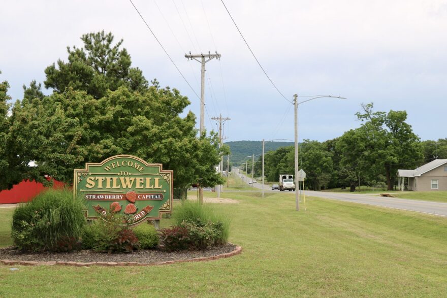 This sign proclaiming Stilwell as the "Strawberry Capital of the World" greets visitors as they come into town.